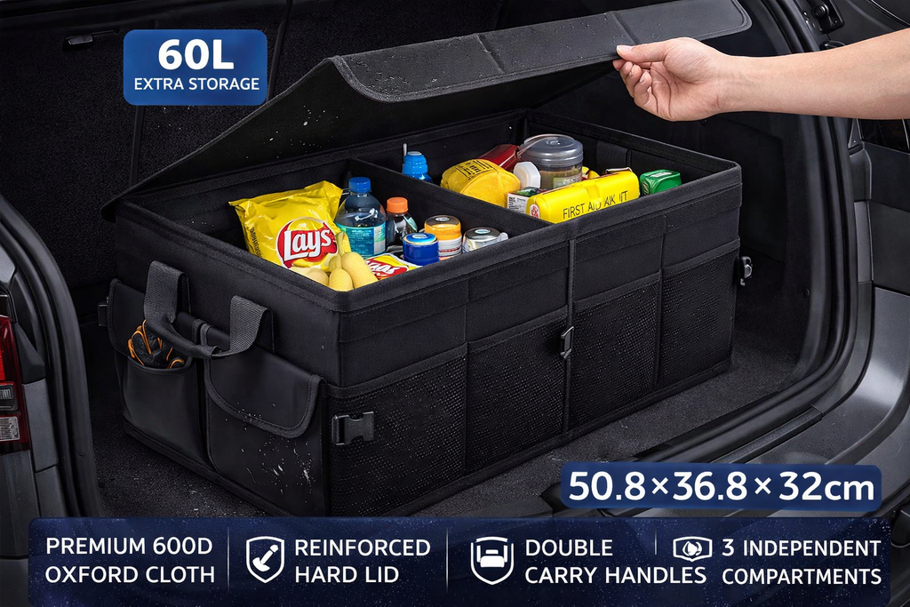 Car Storage Organizer Boxes Foldable Waterproof Black Oxford Material Trunk Storage Lid