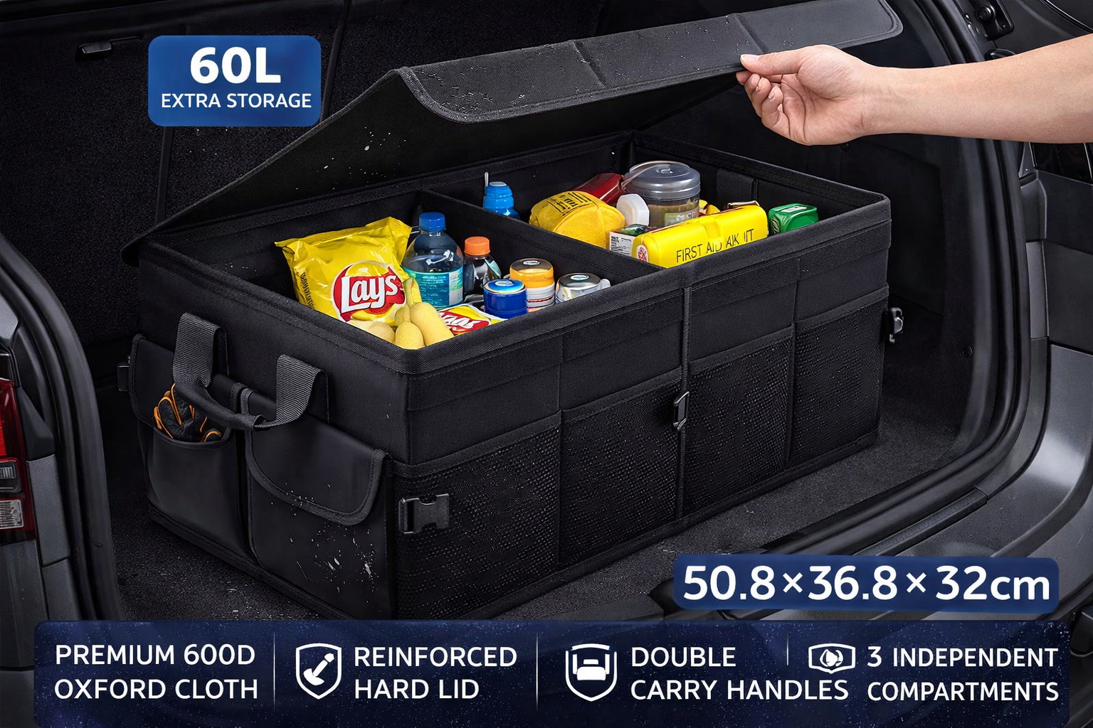 Car Storage Organizer Boxes Foldable Waterproof Black Oxford Material Trunk Storage Lid