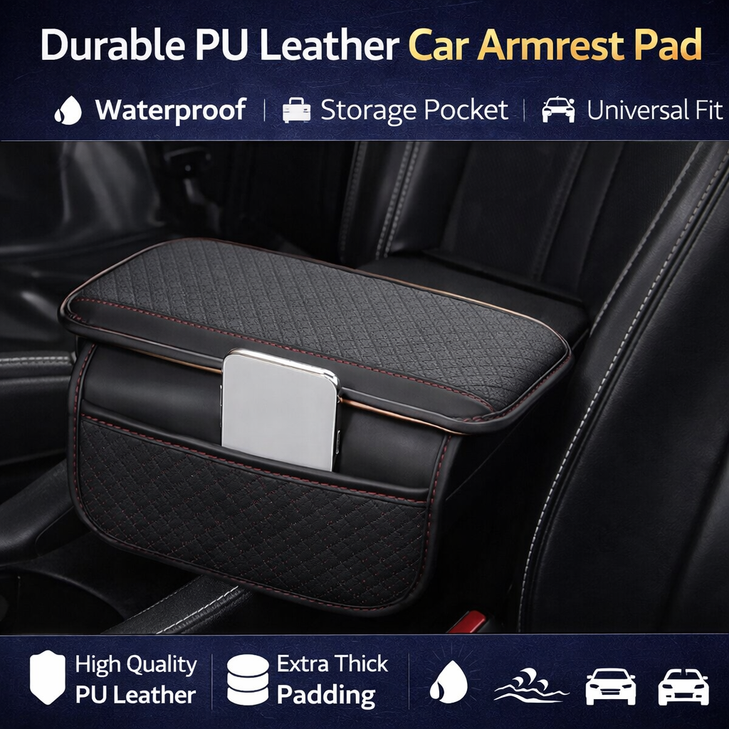 Luxury PU Leather Car Armrest Pad – Comfort Cushion + Storage Pocket