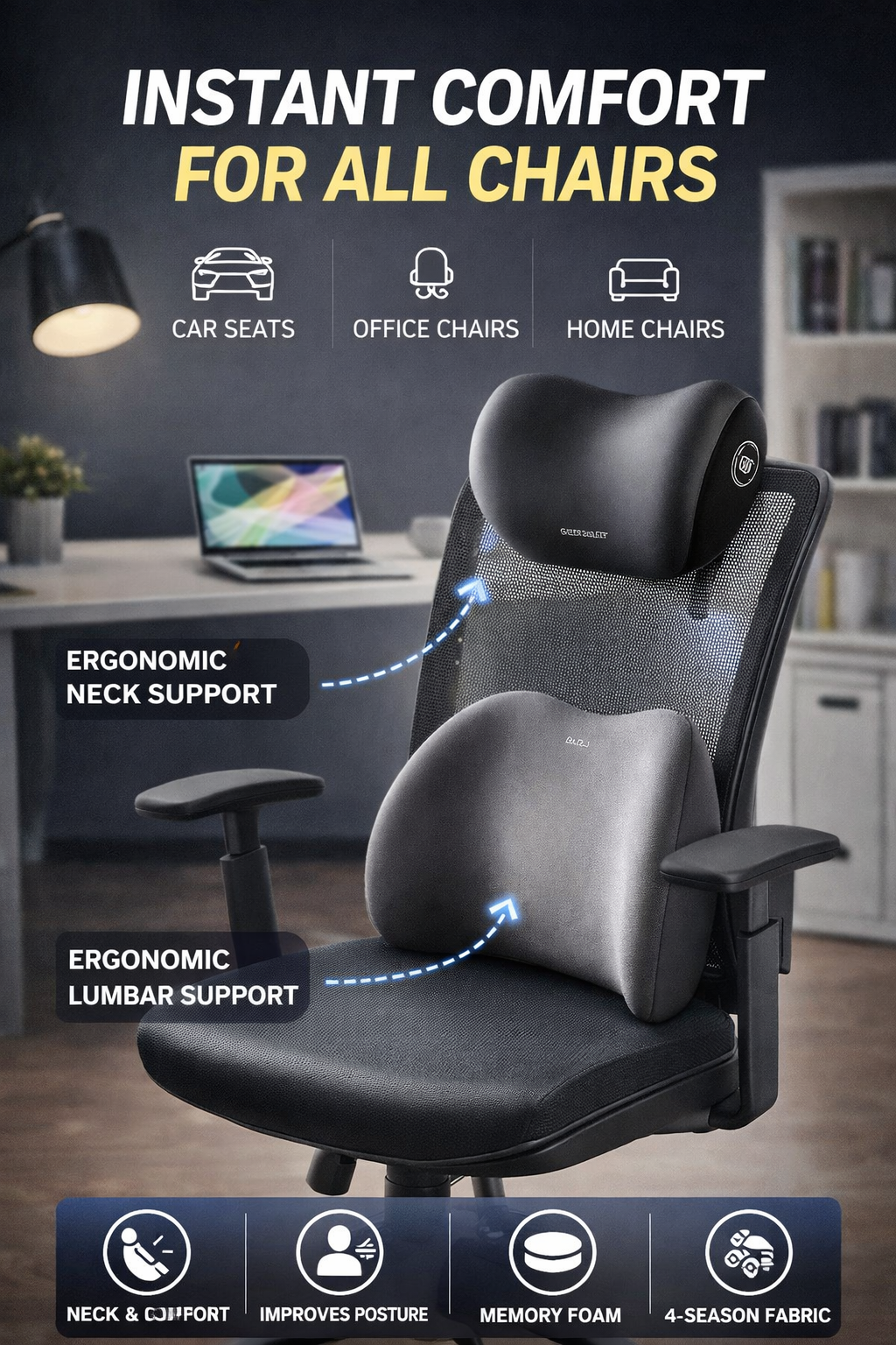 Memory Foam Headrest & Lumbar Support Pillow – For Car, Office & Home Chairs