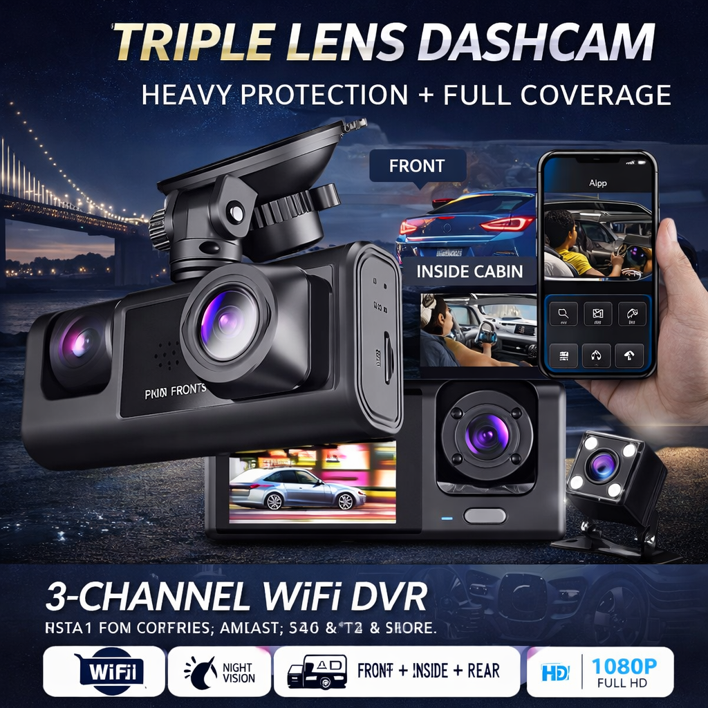 3 Channel WIFI Car DVR Black Box HD 1080P Mini Dashcam Camcorder with Dual Lens Three Way Vehicle Dash Cam DVRs Video Recorder