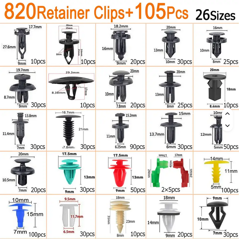 925pcs Car Clips Plastic Car Bumper Fastener 26 Sizes Push Retainer Rivets Kit Door Trim Panel Fender Clips Bumper Clips C0066
