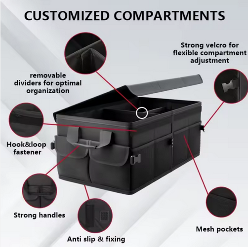 Car Storage Organizer Boxes Foldable Waterproof Black Oxford Material Trunk Storage Lid
