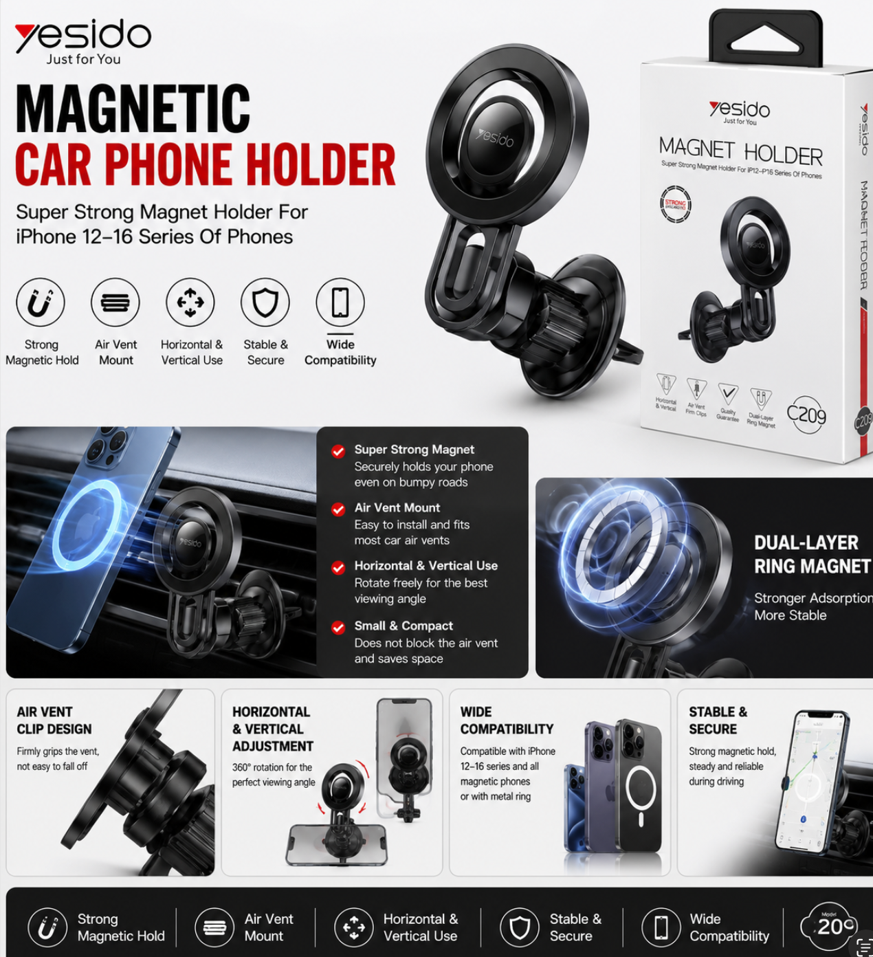 Magnetic Car Phone Holder, Air Vent Magnet Holder