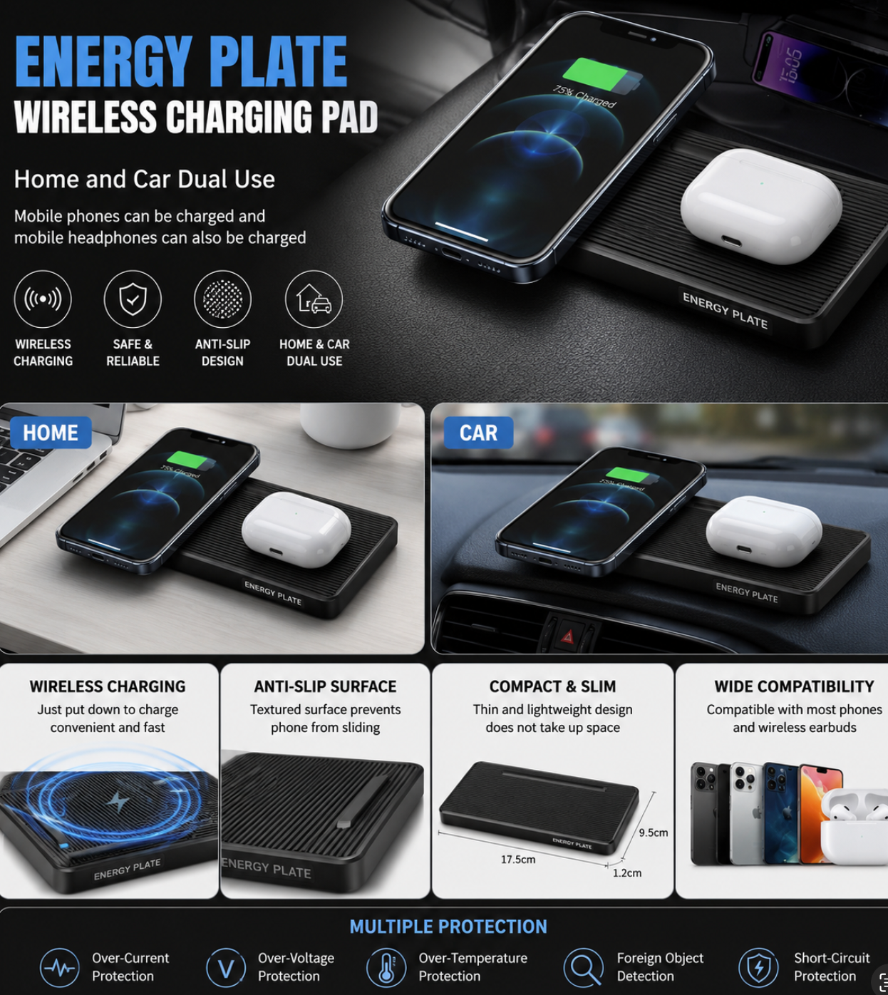 Energy Plate Wireless Charging Pad , Home & Car Charging Mat Type-C