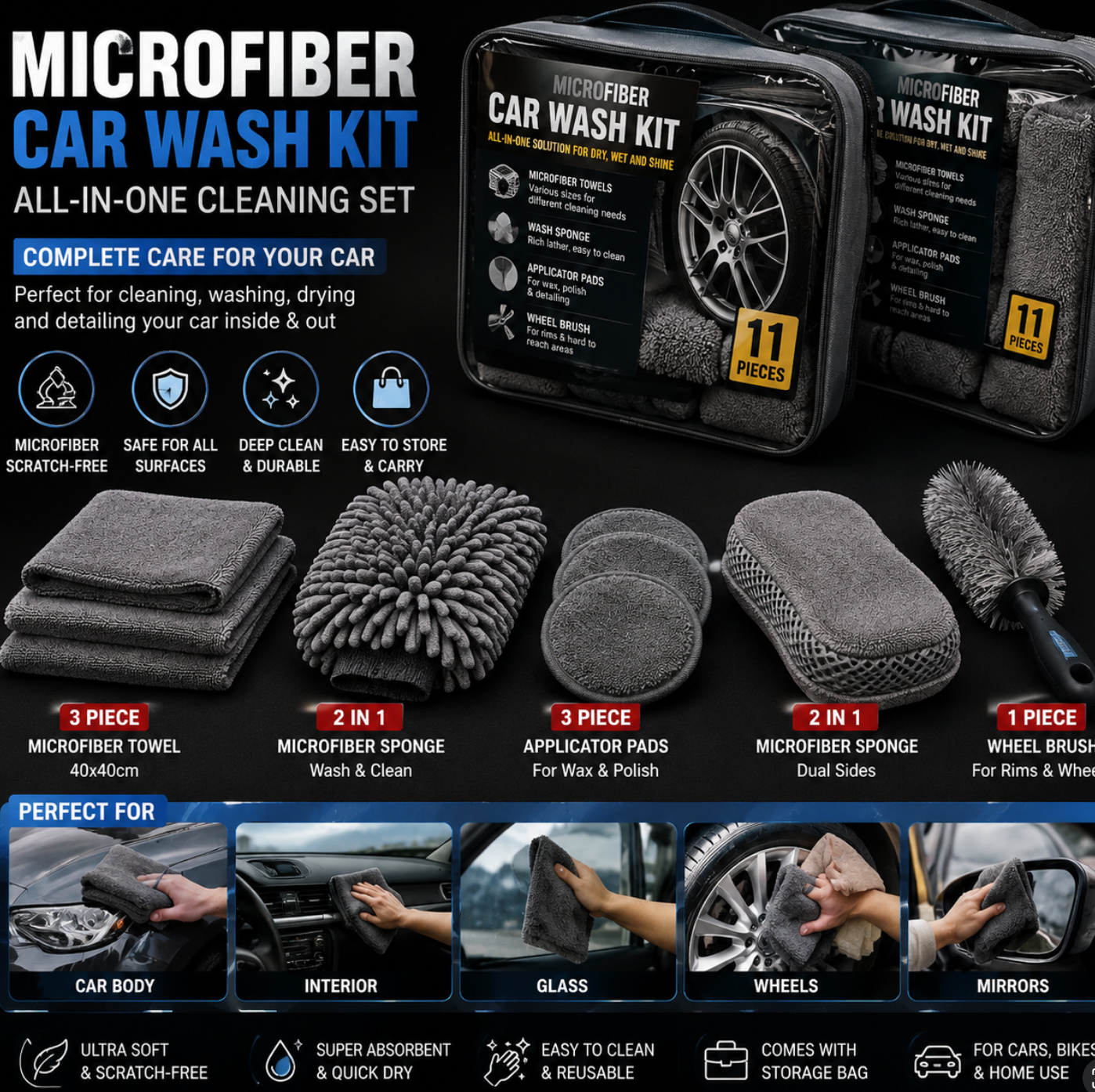 Microfiber Car Wash Kit All in One Cleaning Set