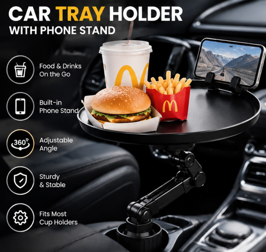 Adjustable Car Tray Holder with Phone Stand