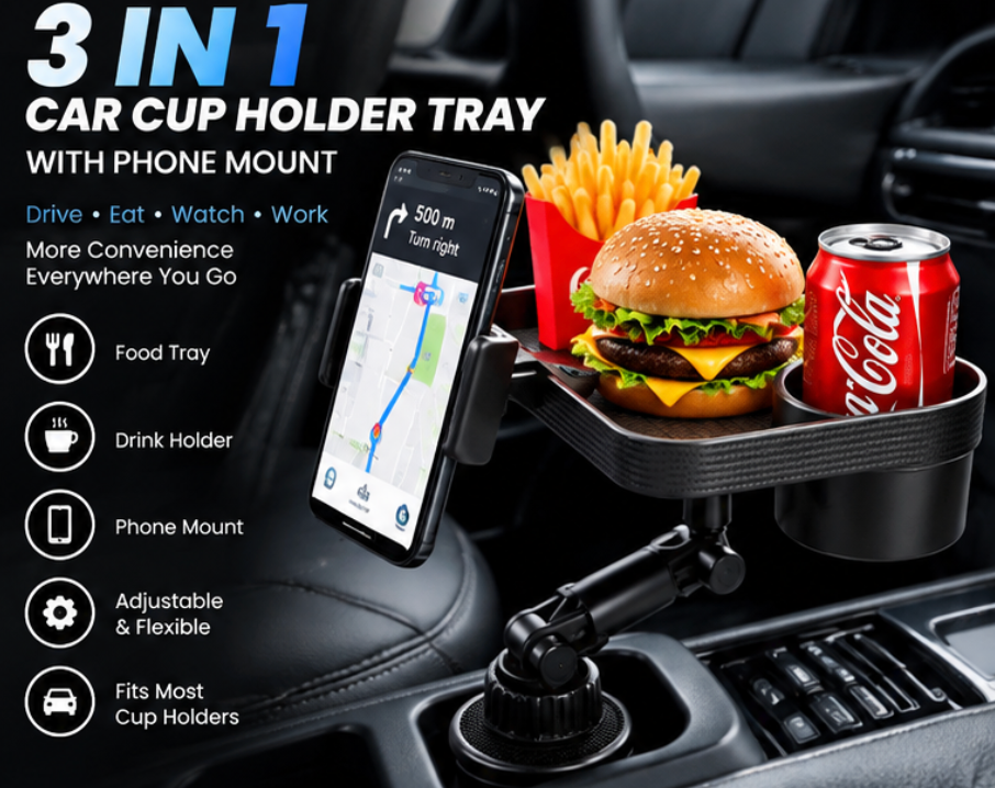 Multifunction Car Cup Holder Tray with Phone Mount