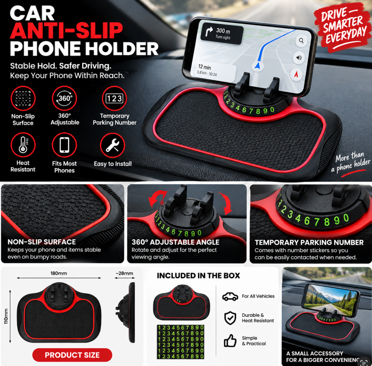Anti Slip Dashboard Phone Holder & Parking Number Pad