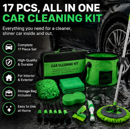 17 Pcs, All in One Car Wash & Interior Cleaning Kit