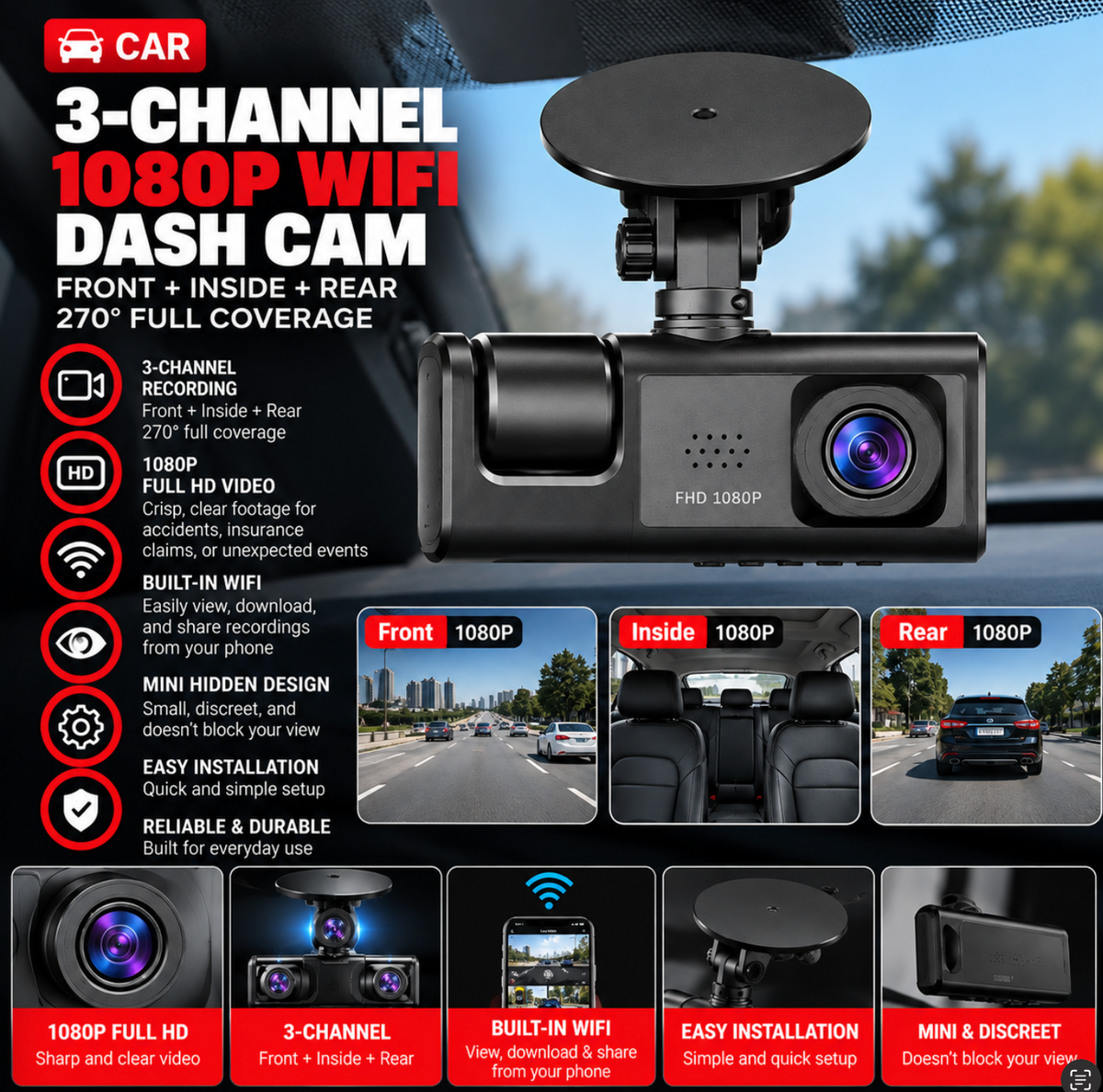 3 Channel 1080P WiFi Dash Cam