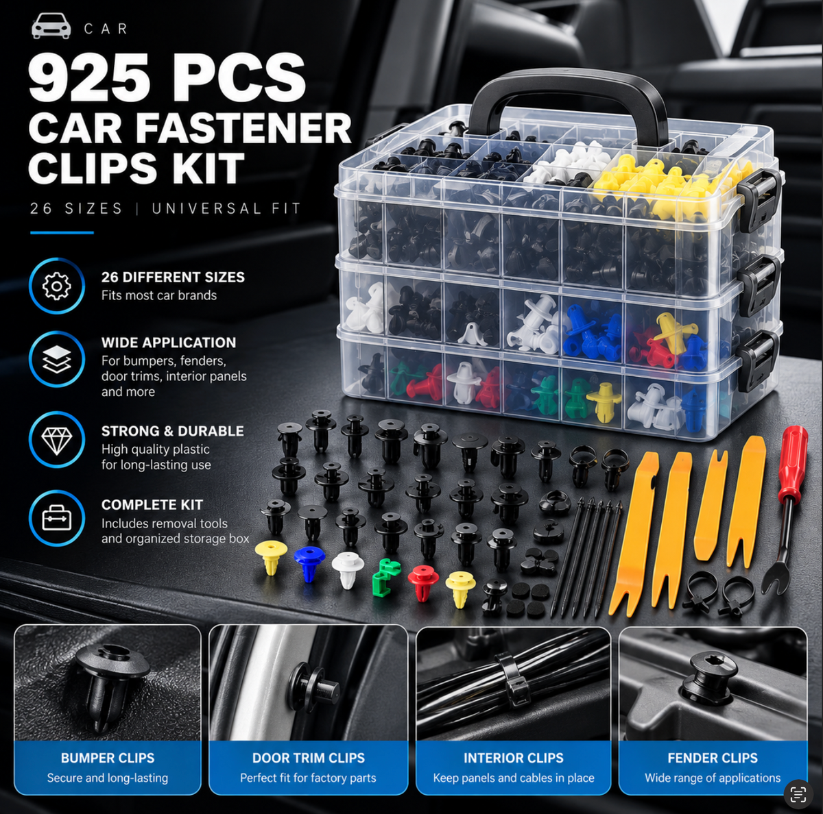 925 Pcs Car Fastener Clips Kit (26 Sizes)